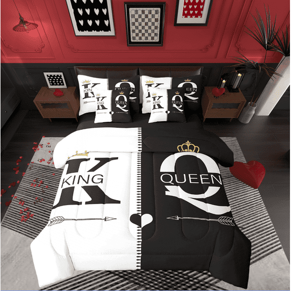 King And Queen Crown Queen Bed In A Bag 7 Piece Black White Mr Mrs Bedding Set With Sheets For Adults Men Women,His And Hers Couple Comforter Set Valentine'S Day Wedding Gifts Bed Set