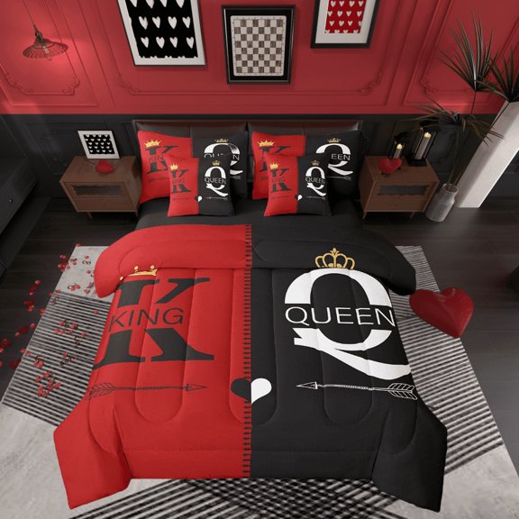 King And Queen Crown Queen Comforter Set 7 Piece Black Red Mr Mrs Bedding Set For Adults Men Women,His And Hers Couple Bed In A Bag Valentine'S Day Gifts Sheet Set With Comforter
