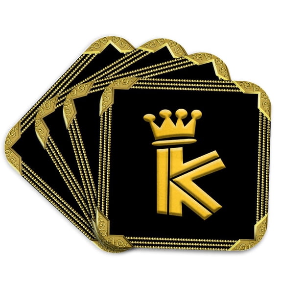 3drose, King, Queen Crown, Rich Frame. Yellow on Black. Alluring Letter K, Set of 4 Coasters - Soft