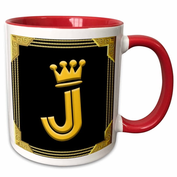 3drose, King, Queen Crown, Rich Frame. Yellow on Black. Dazzling Letter J, 11oz Two-tone Red Mug