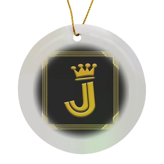 3drose, King, Queen Crown, Rich Frame. Yellow on Black. Dazzling Letter J, Circle Porcelain Ornament
