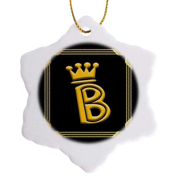 3drose, King, Queen Crown, Rich Frame. Yellow on Black. Decorative Letter B, 3 inch Snowflake Porcelain Ornament