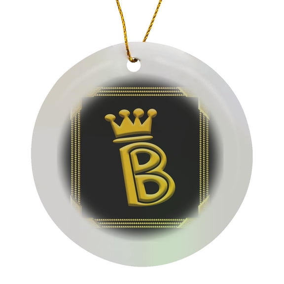 3drose, King, Queen Crown, Rich Frame. Yellow on Black. Decorative Letter B, Circle Porcelain Ornament