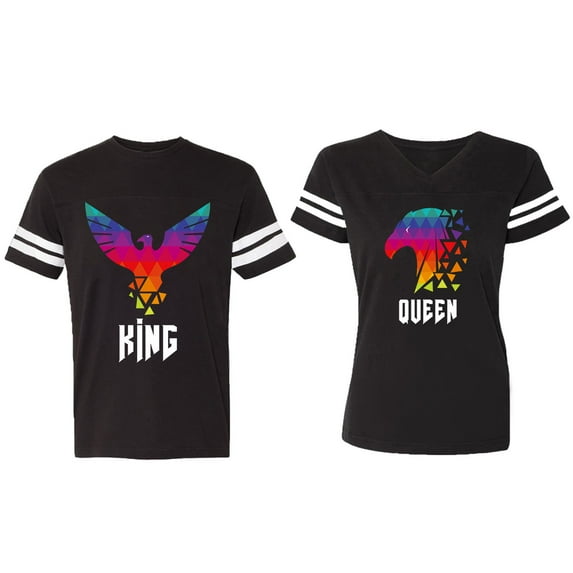 King Queen Eagle Colorful Matching Couple Cotton Jerseys (Men Black / Women Black) (Men M / Women S)