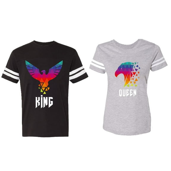 King Queen Eagle Colorful Matching Couple Cotton Jerseys (Men Black / Women Heather) (Men XL / Women S)