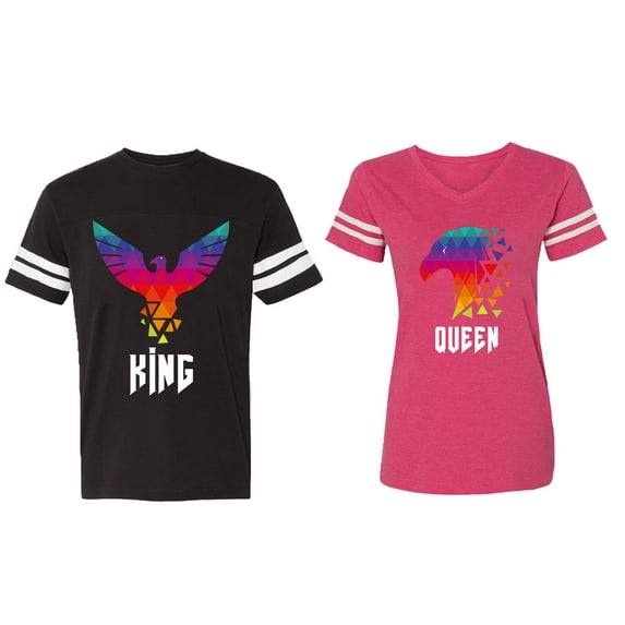 King Queen Eagle Colorful Matching Couple Cotton Jerseys (Men Black / Women Pink) (Men L / Women L)