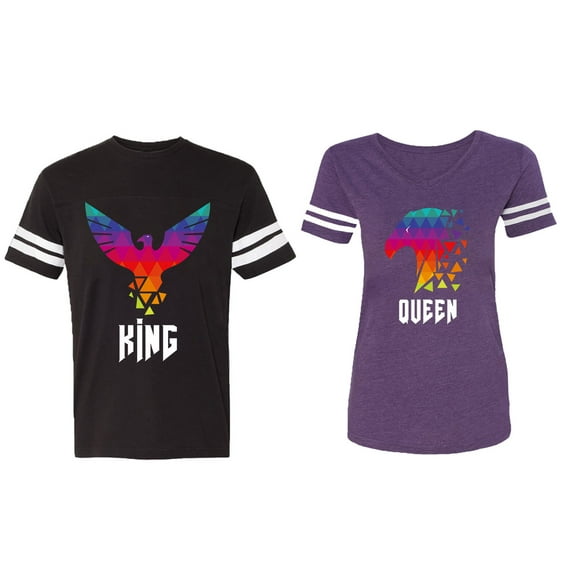 King Queen Eagle Colorful Matching Couple Cotton Jerseys (Men Black / Women Purple) (Men XL / Women S)