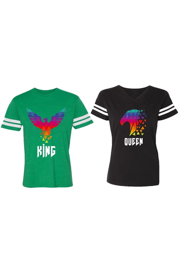 King Queen Eagle Colorful Matching Couple Cotton Jerseys (Men Green / Women Black) (Men S / Women S)