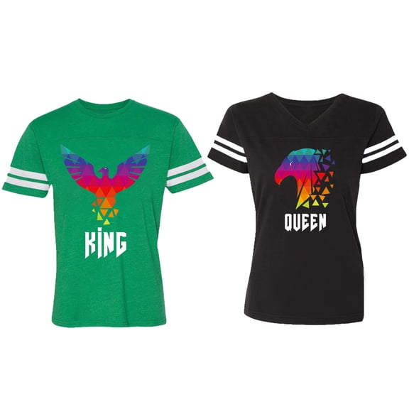 King Queen Eagle Colorful Matching Couple Cotton Jerseys (Men Green / Women Black) (Men XXL / Women M)