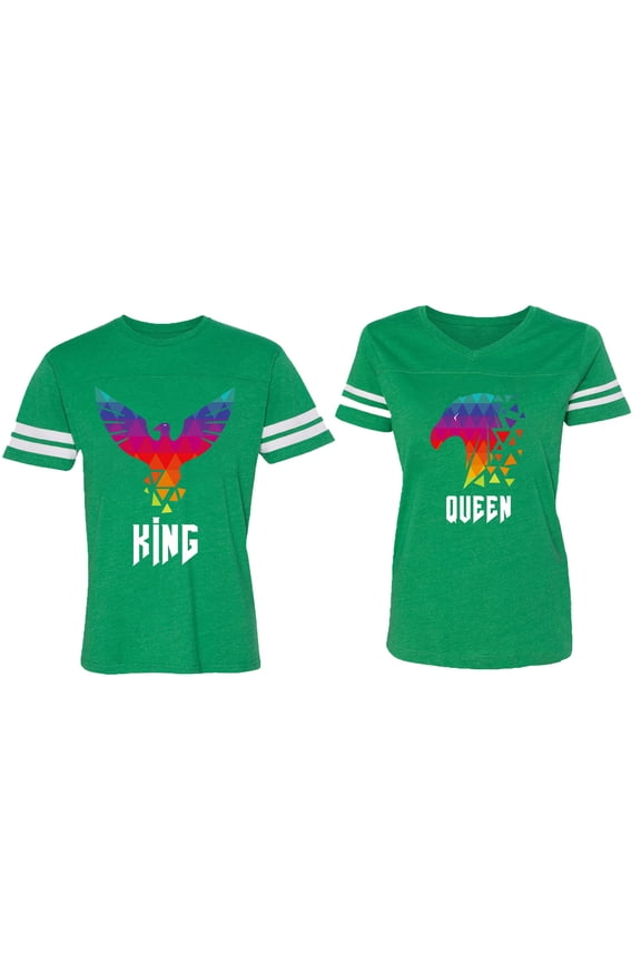 King Queen Eagle Colorful Matching Couple Cotton Jerseys (Men Green / Women Green) (Men M / Women M)