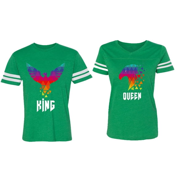 King Queen Eagle Colorful Matching Couple Cotton Jerseys (Men Green / Women Green) (Men M / Women XL)