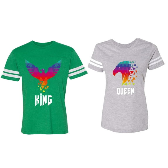 King Queen Eagle Colorful Matching Couple Cotton Jerseys (Men Green / Women Heather) (Men XXL / Women L)