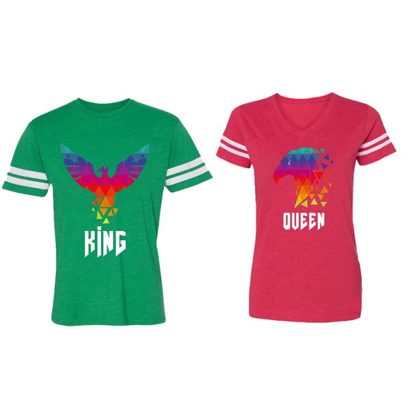 King Queen Eagle Colorful Matching Couple Cotton Jerseys (Men Green / Women Red) (Men L / Women XXL)