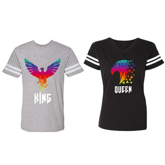 King Queen Eagle Colorful Matching Couple Cotton Jerseys (Men Heather / Women Black) (Men S / Women XL)
