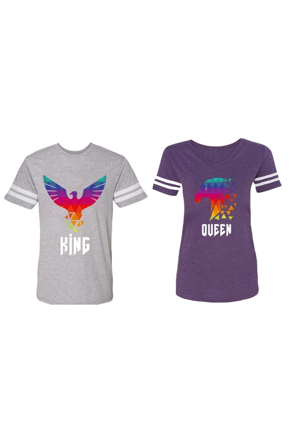 King Queen Eagle Colorful Matching Couple Cotton Jerseys (Men Heather / Women Purple) (Men XXL / Women S)