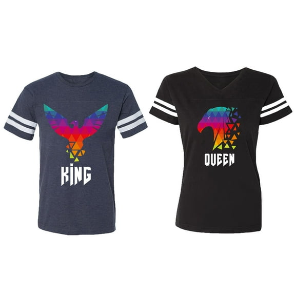 King Queen Eagle Colorful Matching Couple Cotton Jerseys (Men Navy / Women Black) (Men S / Women S)