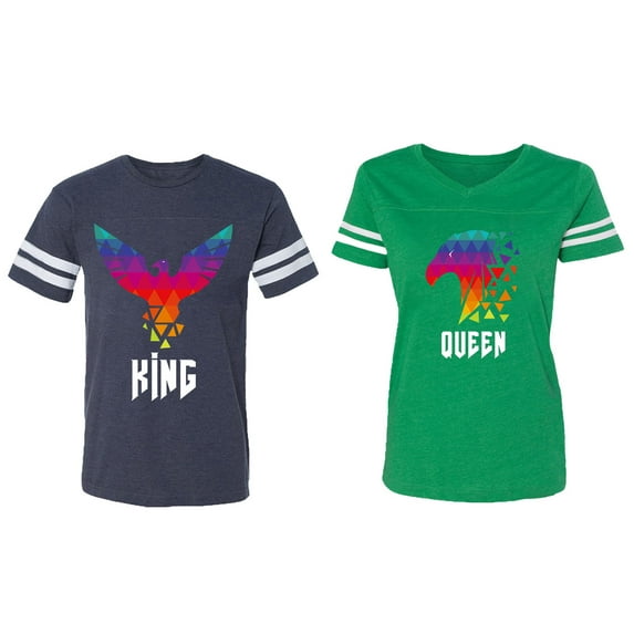King Queen Eagle Colorful Matching Couple Cotton Jerseys (Men Navy / Women Green) (Men XL / Women XXL)
