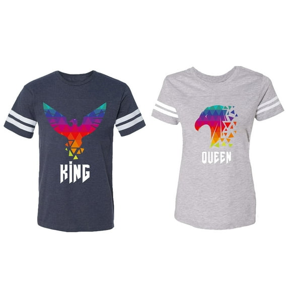 King Queen Eagle Colorful Matching Couple Cotton Jerseys (Men Navy / Women Heather) (Men XL / Women L)