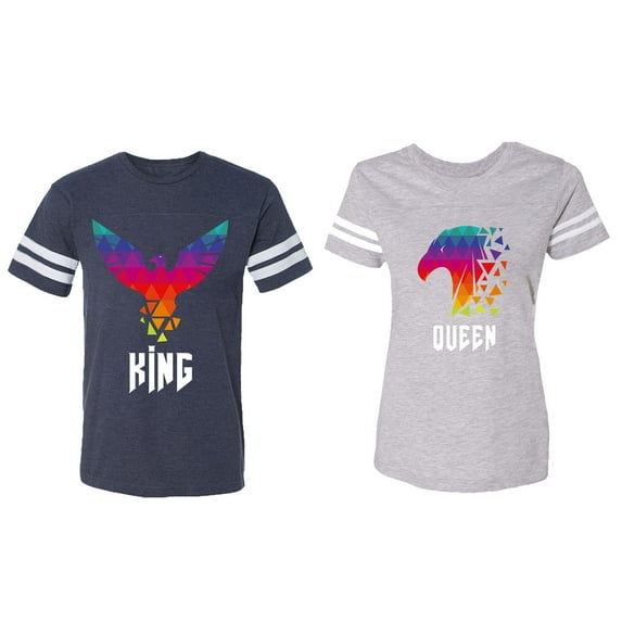 King Queen Eagle Colorful Matching Couple Cotton Jerseys (Men Navy / Women Heather) (Men XXXL / Women XXL)