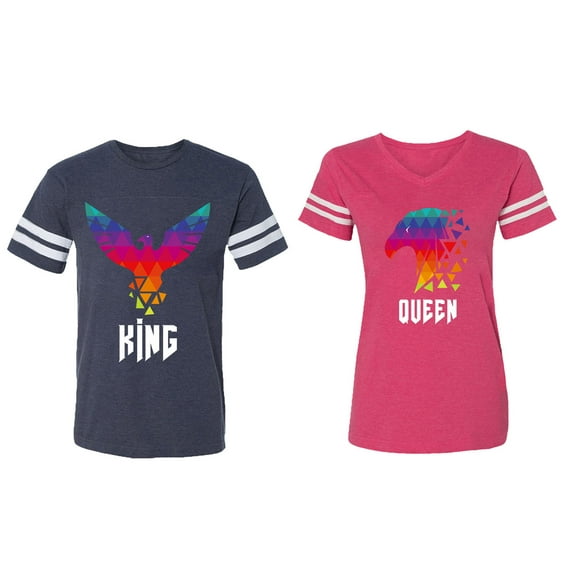 King Queen Eagle Colorful Matching Couple Cotton Jerseys (Men Navy / Women Pink) (Men XXL / Women XXL)