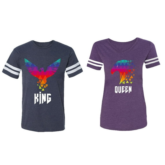 King Queen Eagle Colorful Matching Couple Cotton Jerseys (Men Navy / Women Purple) (Men M / Women S)