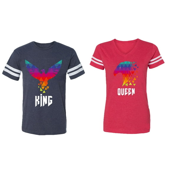 King Queen Eagle Colorful Matching Couple Cotton Jerseys (Men Navy / Women Red) (Men S / Women S)