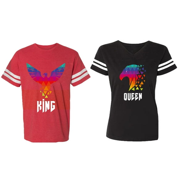 King Queen Eagle Colorful Matching Couple Cotton Jerseys (Men Red / Women Black) (Men L / Women L)