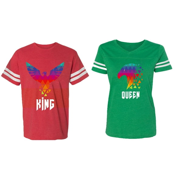 King Queen Eagle Colorful Matching Couple Cotton Jerseys (Men Red / Women Green) (Men S / Women M)