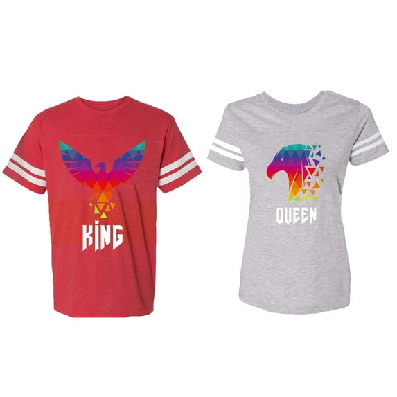 King Queen Eagle Colorful Matching Couple Cotton Jerseys (Men Red / Women Heather) (Men XL / Women L)