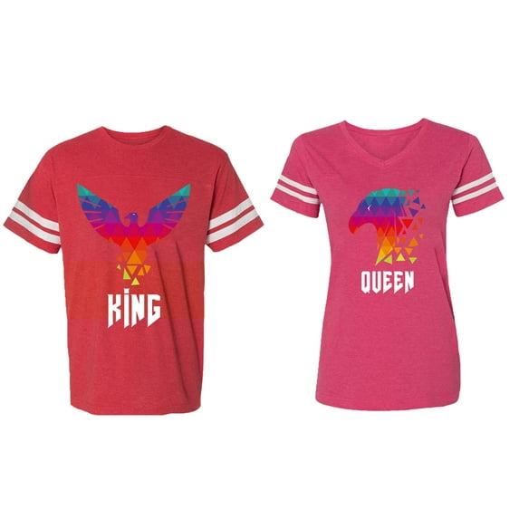 King Queen Eagle Colorful Matching Couple Cotton Jerseys (Men Red / Women Pink) (Men M / Women XXL)