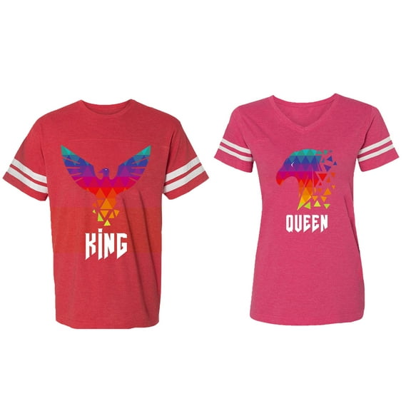 King Queen Eagle Colorful Matching Couple Cotton Jerseys (Men Red / Women Pink) (Men S / Women M)