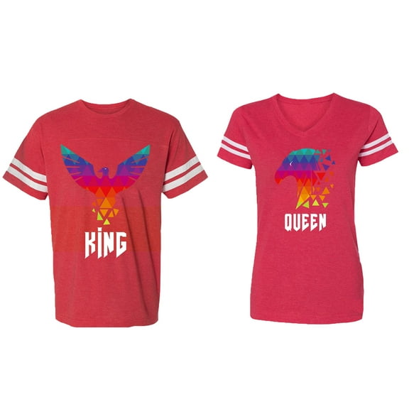 King Queen Eagle Colorful Matching Couple Cotton Jerseys (Men Red / Women Red) (Men M / Women M)