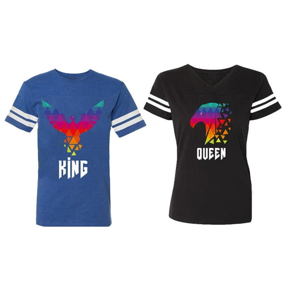 King Queen Eagle Colorful Matching Couple Cotton Jerseys (Men Royal / Women Black) (Men S / Women S)
