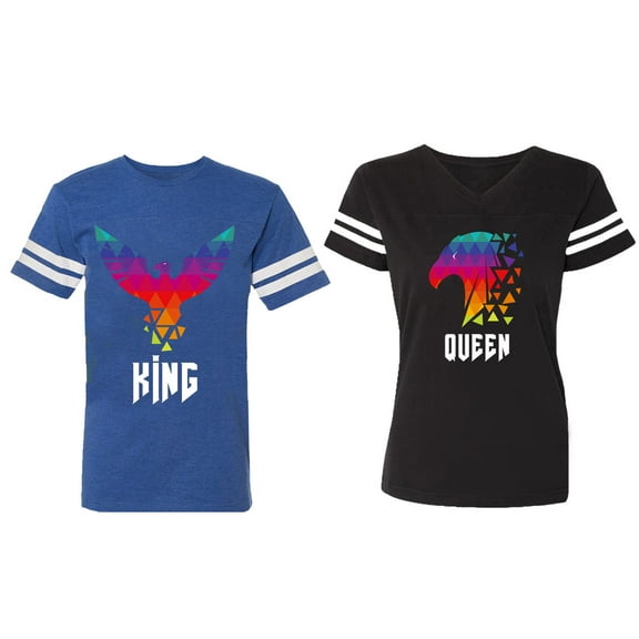 King Queen Eagle Colorful Matching Couple Cotton Jerseys (Men Royal / Women Black) (Men S / Women S)