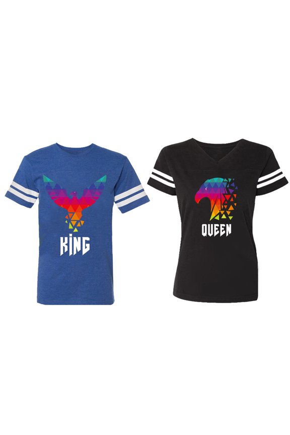 King Queen Eagle Colorful Matching Couple Cotton Jerseys (Men Royal / Women Black) (Men XL / Women XL)