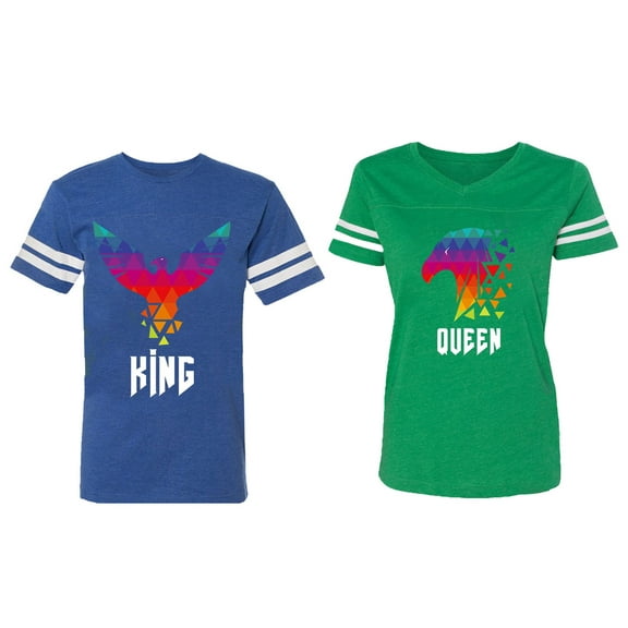 King Queen Eagle Colorful Matching Couple Cotton Jerseys (Men Royal / Women Green) (Men XL / Women XL)