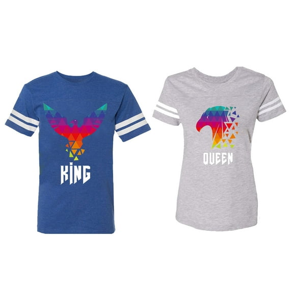 King Queen Eagle Colorful Matching Couple Cotton Jerseys (Men Royal / Women Heather) (Men XXL / Women XXL)