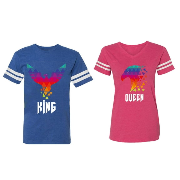 King Queen Eagle Colorful Matching Couple Cotton Jerseys (Men Royal / Women Pink) (Men XXL / Women L)