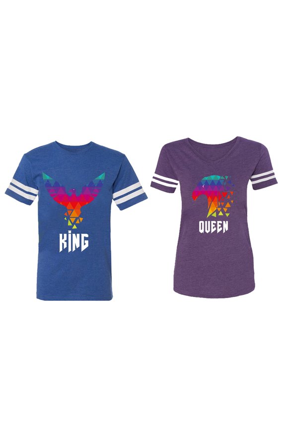 King Queen Eagle Colorful Matching Couple Cotton Jerseys (Men Royal / Women Purple) (Men L / Women L)