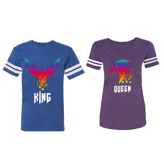 King Queen Eagle Colorful Matching Couple Cotton Jerseys (Men Royal / Women Purple) (Men XL / Women XL)