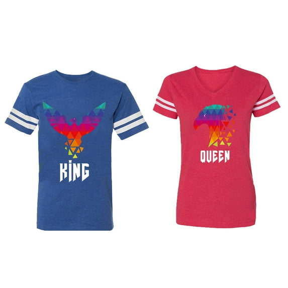 King Queen Eagle Colorful Matching Couple Cotton Jerseys (Men Royal / Women Red) (Men S / Women L)