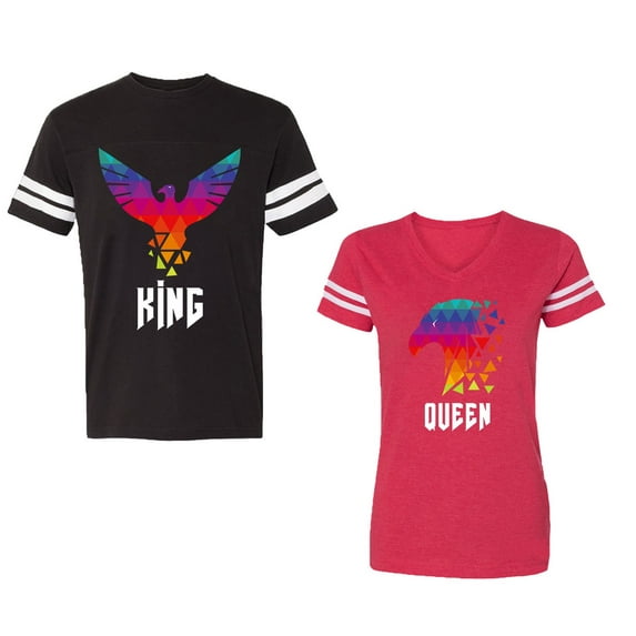 King Queen Eagle Colorful Unisex Couple Matching Cotton Jersey style T-Shirt Contrasting stripes on sleeves (Men Black / Women Red) (Men S / Women M)