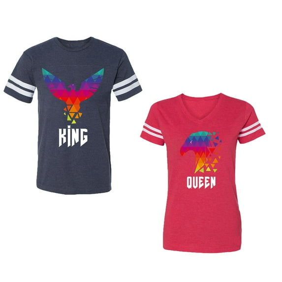 King Queen Eagle Colorful Unisex Couple Matching Cotton Jersey style T-Shirt Contrasting stripes on sleeves (Men Navy / Women Red) (Men M / Women M)