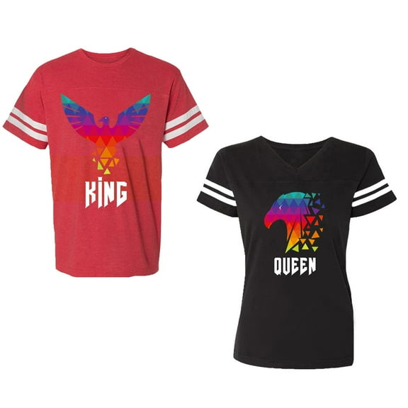 King Queen Eagle Colorful Unisex Couple Matching Cotton Jersey style T-Shirt Contrasting stripes on sleeves (Men Red / Women Black) (Men S / Women S)