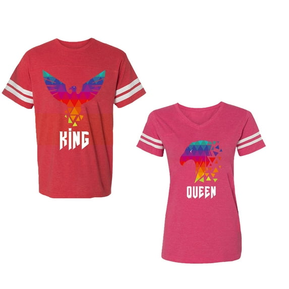 King Queen Eagle Colorful Unisex Couple Matching Cotton Jersey style T-Shirt Contrasting stripes on sleeves (Men Red / Women Pink) (Men S / Women L)