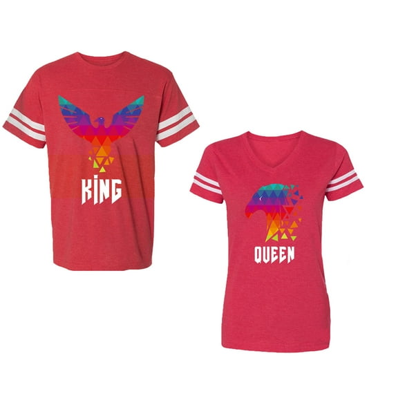 King Queen Eagle Colorful Unisex Couple Matching Cotton Jersey style T-Shirt Contrasting stripes on sleeves (Men Red / Women Red) (Men L / Women M)