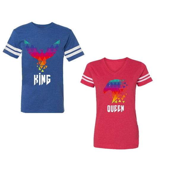 King Queen Eagle Colorful Unisex Couple Matching Cotton Jersey style T-Shirt Contrasting stripes on sleeves (Men Royal / Women Red) (Men M / Women S)