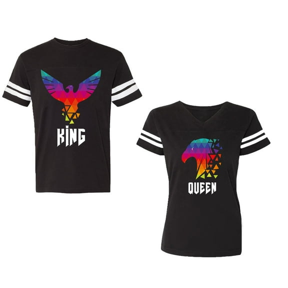 King Queen Eagle Colorful Unisex Couple Matching Cotton Jersey style T-Shirt Contrasting stripes on sleeves (Men Black / Women Black) (Men M / Women S)