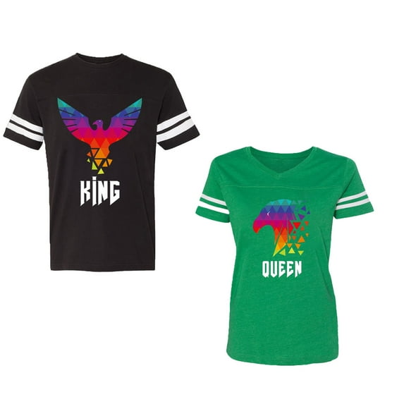 King Queen Eagle Colorful Unisex Couple Matching Cotton Jersey style T-Shirt Contrasting stripes on sleeves (Men Black / Women Green) (Men L / Women XXL)