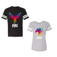 thumbnail image 1 of King Queen Eagle Colorful Unisex Couple Matching Cotton Jersey style T-Shirt Contrasting stripes on sleeves (Men Black / Women Heather) (Men S / Women M), 1 of 3